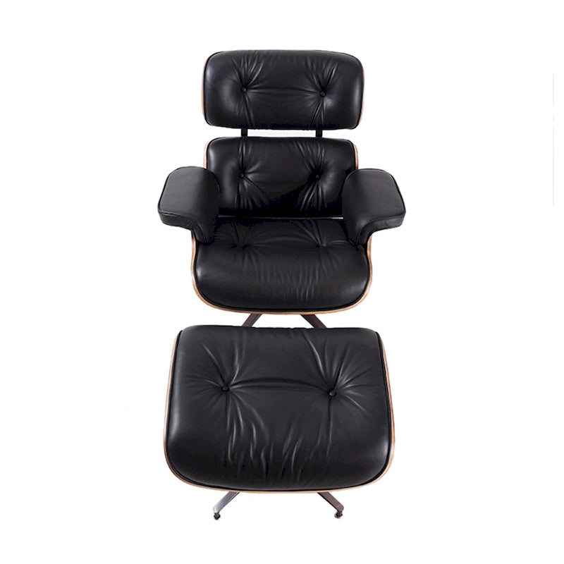 Sillón Lounge de Nogal y Cuero con Otomana — Estilo de Mediados de Siglo, 1 Asiento, Varios Colores