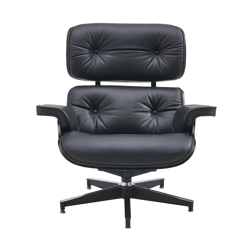 Sillón Lounge de Nogal y Cuero con Otomana — Estilo de Mediados de Siglo, 1 Asiento, Varios Colores