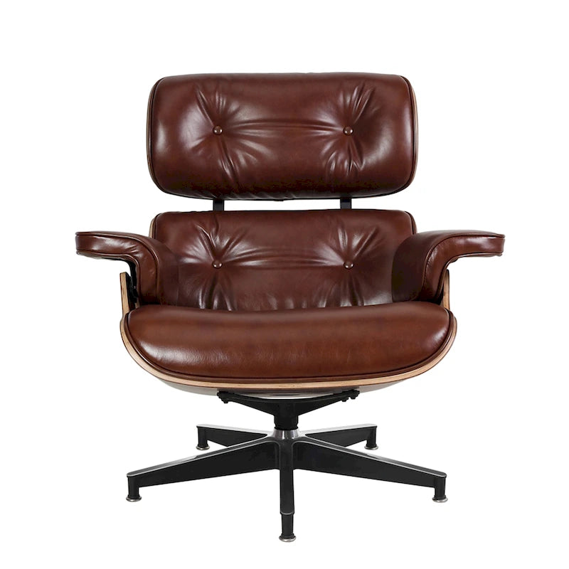 Sillón Lounge de Nogal y Cuero con Otomana — Estilo de Mediados de Siglo, 1 Asiento, Varios Colores