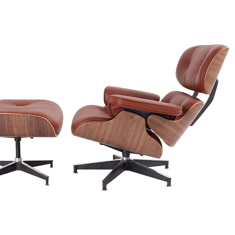 Sillón Lounge de Nogal y Cuero con Otomana — Estilo de Mediados de Siglo, 1 Asiento, Varios Colores