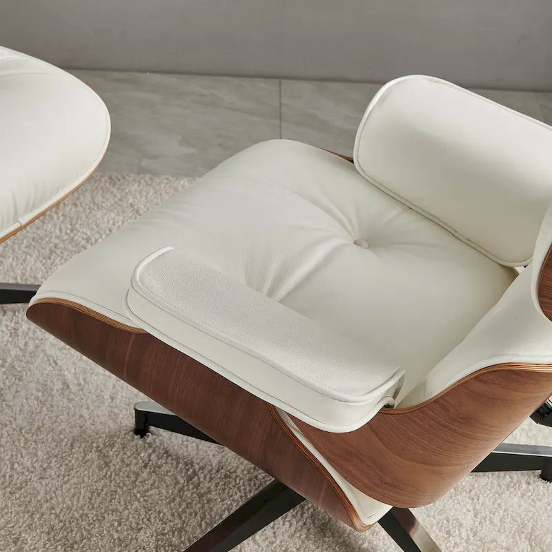 Sillón Lounge de Nogal y Cuero con Otomana — Estilo de Mediados de Siglo, 1 Asiento, Varios Colores