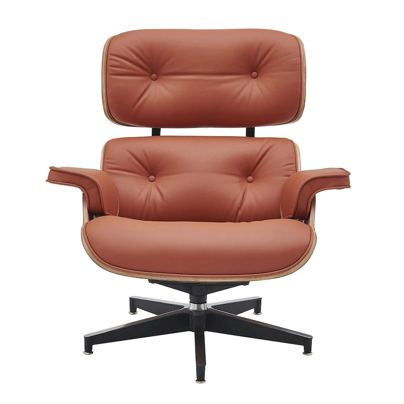 Sillón Lounge de Nogal y Cuero con Otomana — Estilo de Mediados de Siglo, 1 Asiento, Varios Colores
