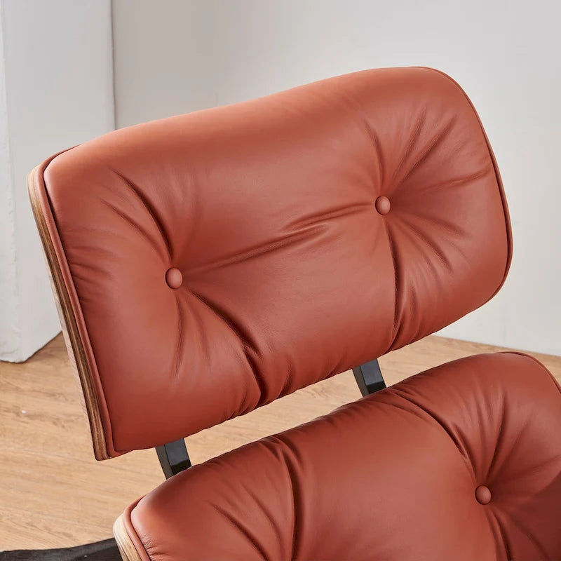 Sillón Lounge de Nogal y Cuero con Otomana — Estilo de Mediados de Siglo, 1 Asiento, Varios Colores