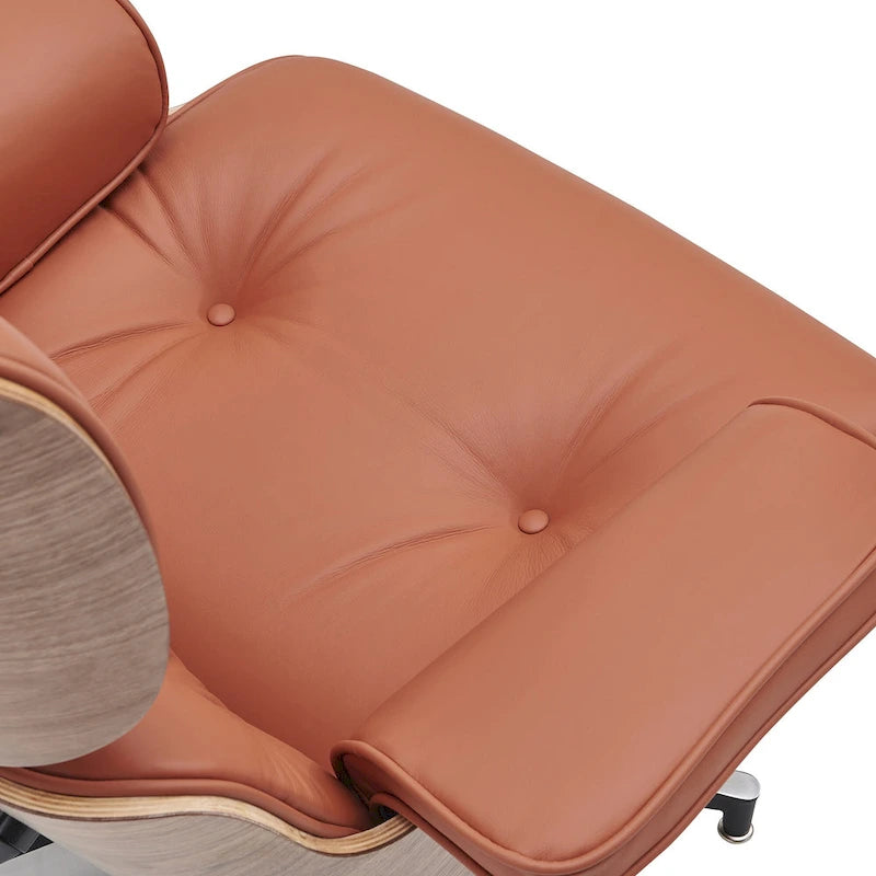 Sillón Lounge de Nogal y Cuero con Otomana — Estilo de Mediados de Siglo, 1 Asiento, Varios Colores