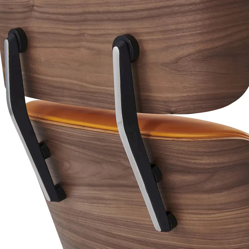 Sillón Lounge de Nogal y Cuero con Otomana — Estilo de Mediados de Siglo, 1 Asiento, Varios Colores