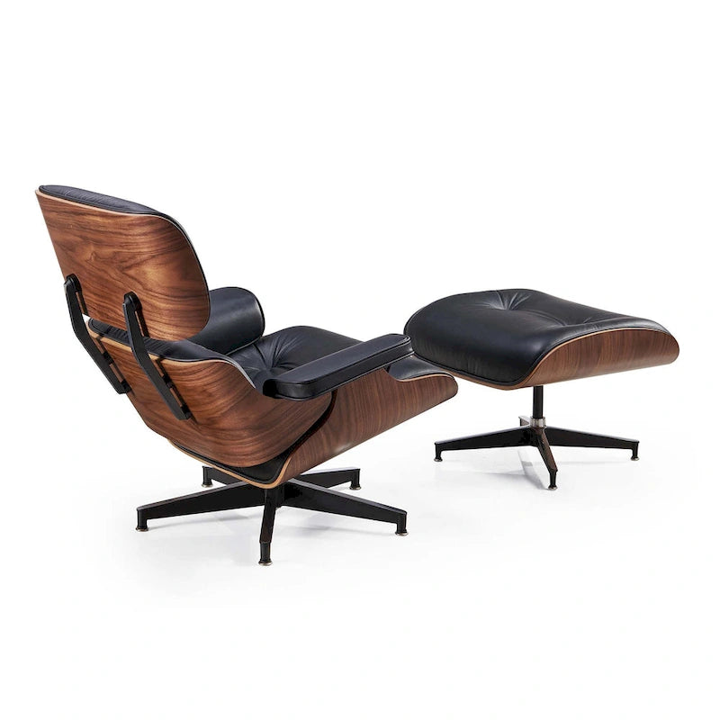 Sillón Lounge de Nogal y Cuero con Otomana — Estilo de Mediados de Siglo, 1 Asiento, Varios Colores