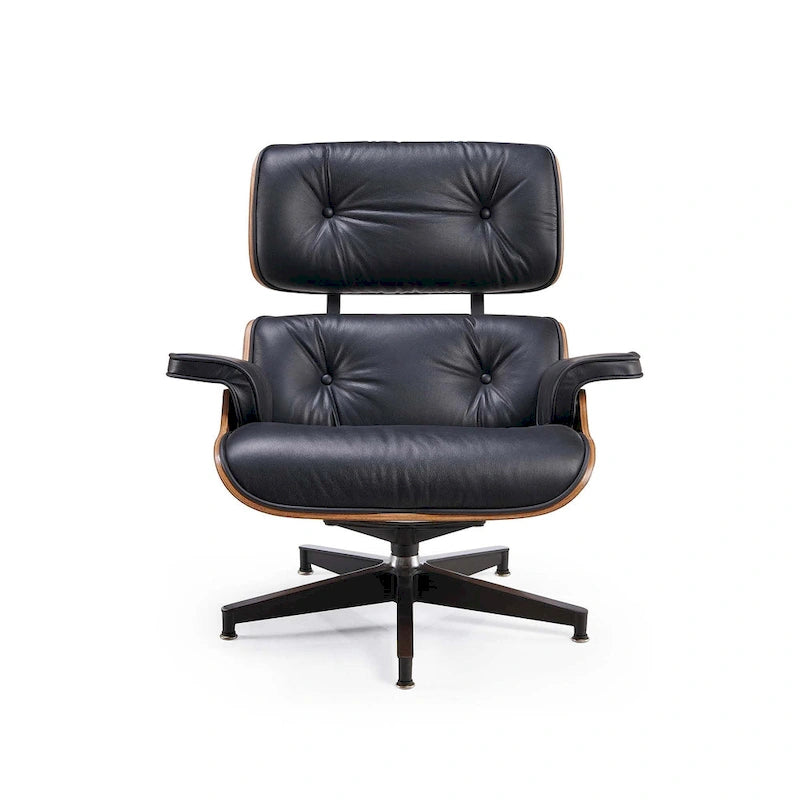 Sillón Lounge de Nogal y Cuero con Otomana — Estilo de Mediados de Siglo, 1 Asiento, Varios Colores