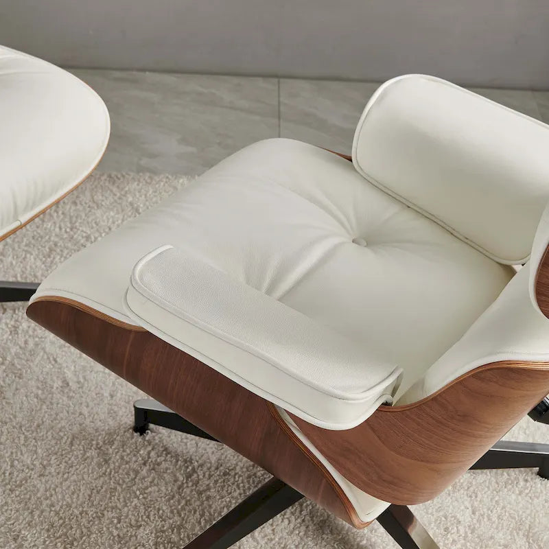 Sillón Lounge de Nogal y Cuero con Otomana — Estilo de Mediados de Siglo, 1 Asiento, Varios Colores