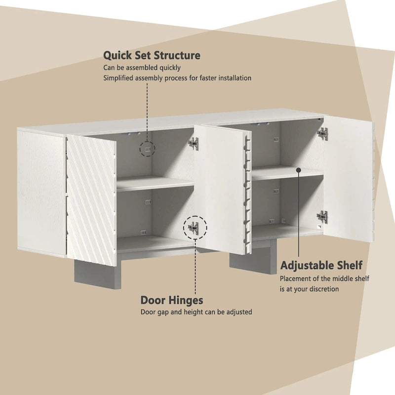 Aparador buffet de 4 puertas estriado color crema/marrón — 1 unidad