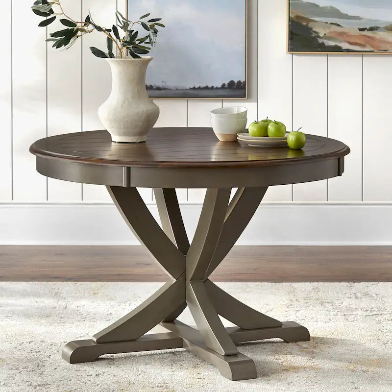 Mesa de comedor redonda en blanco antiguo / roble gris / roble, 4 plazas, base en X