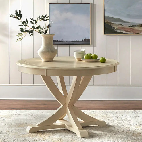 Mesa de comedor redonda en blanco antiguo / roble gris / roble, 4 plazas, base en X