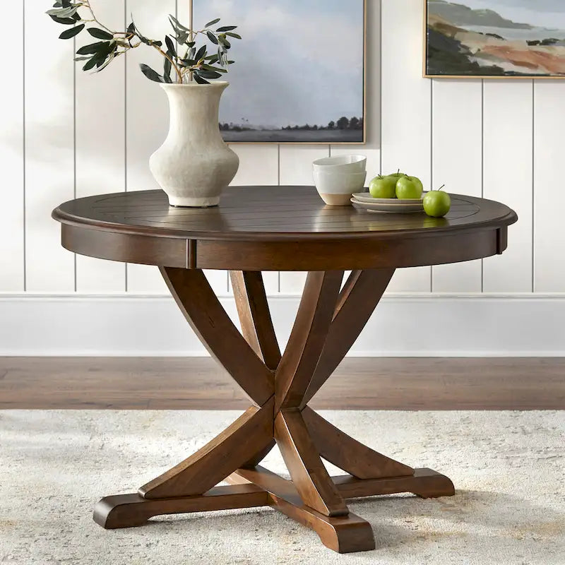 Mesa de comedor redonda en blanco antiguo / roble gris / roble, 4 plazas, base en X