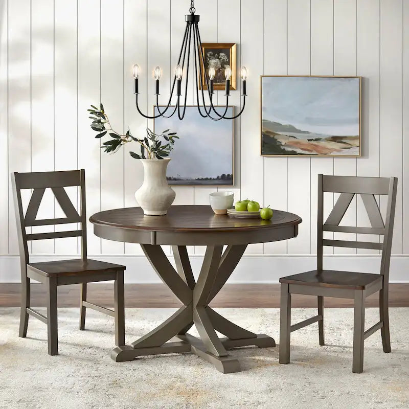 Mesa de comedor redonda en blanco antiguo / roble gris / roble, 4 plazas, base en X