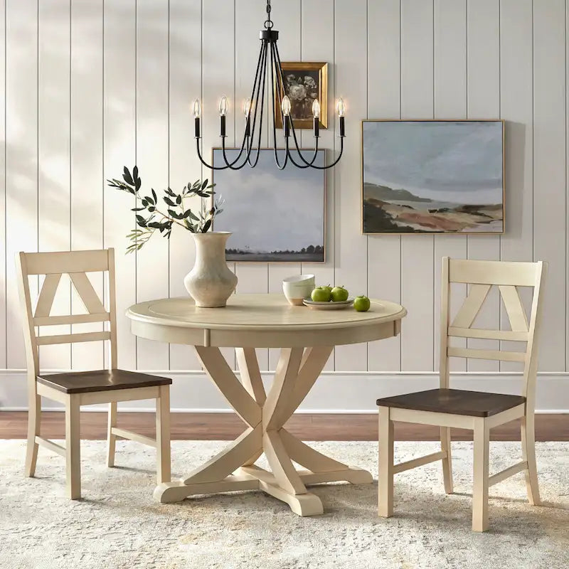 Mesa de comedor redonda en blanco antiguo / roble gris / roble, 4 plazas, base en X