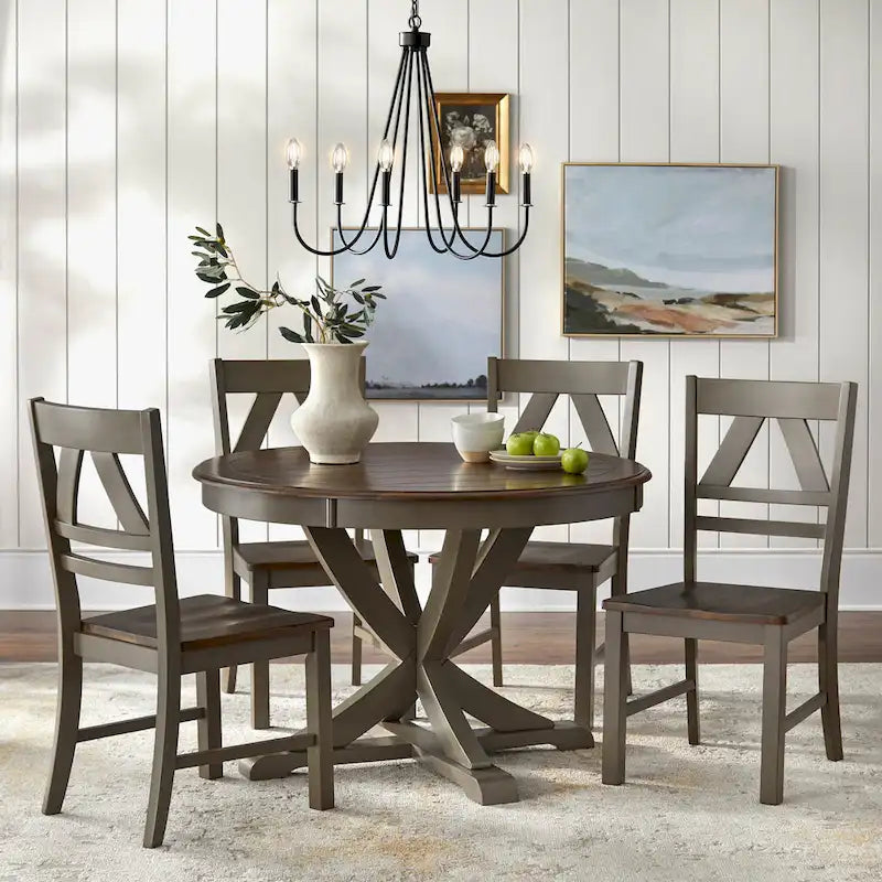 Mesa de comedor redonda en blanco antiguo / roble gris / roble, 4 plazas, base en X