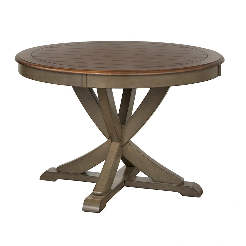 Mesa de comedor redonda en blanco antiguo / roble gris / roble, 4 plazas, base en X