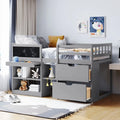 Cama baja tipo loft individual con escritorio rodante, gris/blanco/espresso, para 1 persona