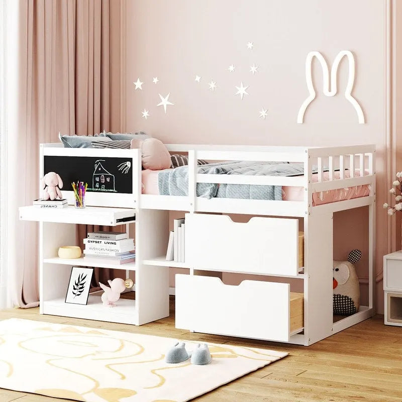 Cama baja tipo loft individual con escritorio rodante, gris/blanco/espresso, para 1 persona