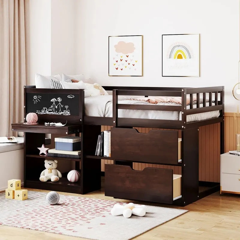 Cama baja tipo loft individual con escritorio rodante, gris/blanco/espresso, para 1 persona