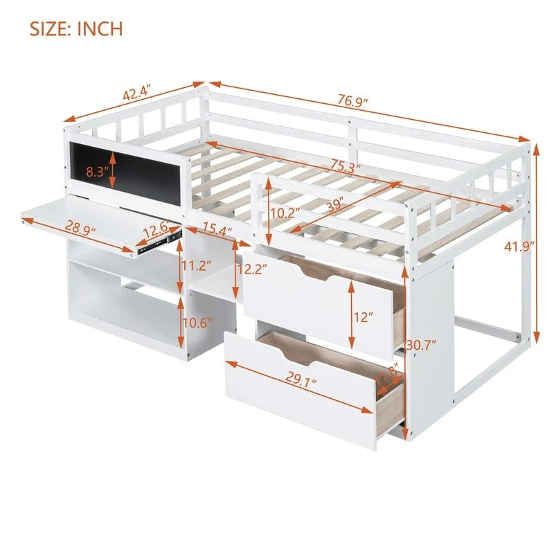 Cama baja tipo loft individual con escritorio rodante, gris/blanco/espresso, para 1 persona