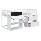 Cama baja tipo loft individual con escritorio rodante, gris/blanco/espresso, para 1 persona