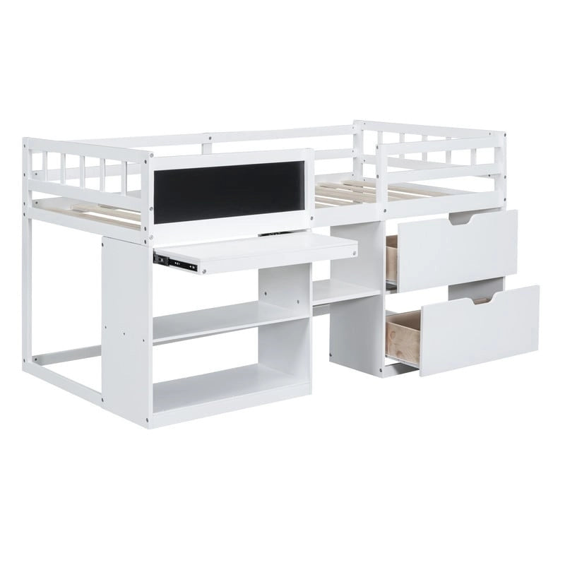 Cama baja tipo loft individual con escritorio rodante, gris/blanco/espresso, para 1 persona
