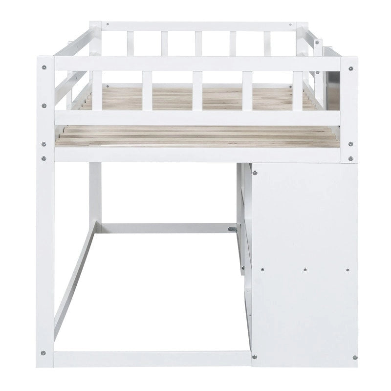 Cama baja tipo loft individual con escritorio rodante, gris/blanco/espresso, para 1 persona