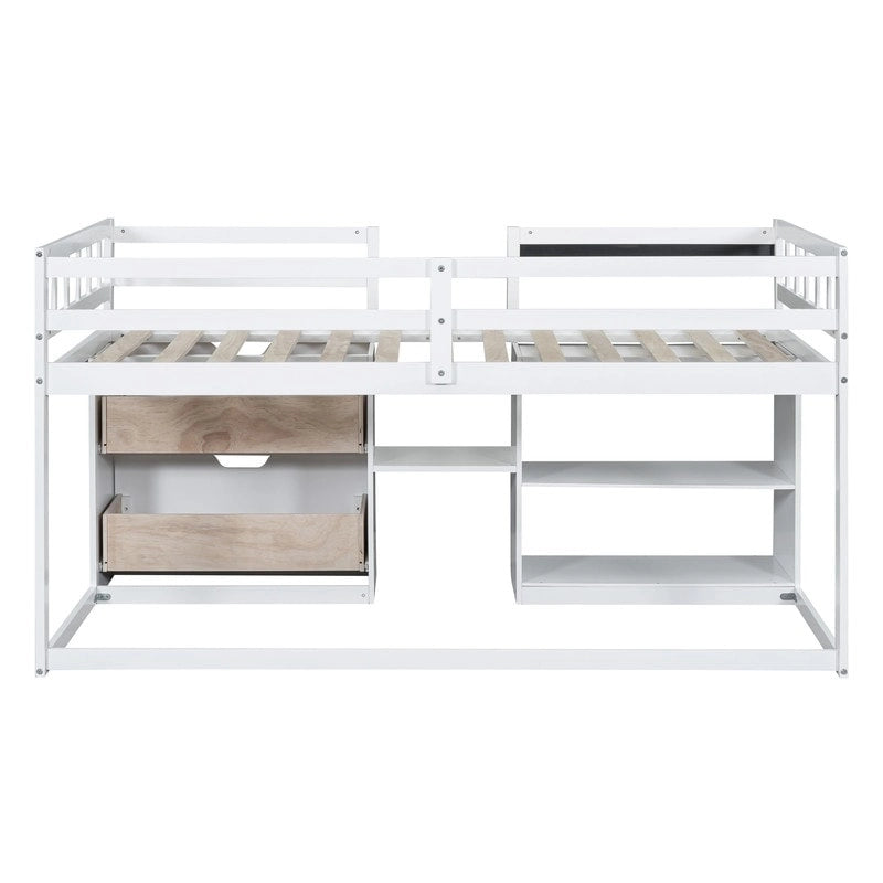 Cama baja tipo loft individual con escritorio rodante, gris/blanco/espresso, para 1 persona