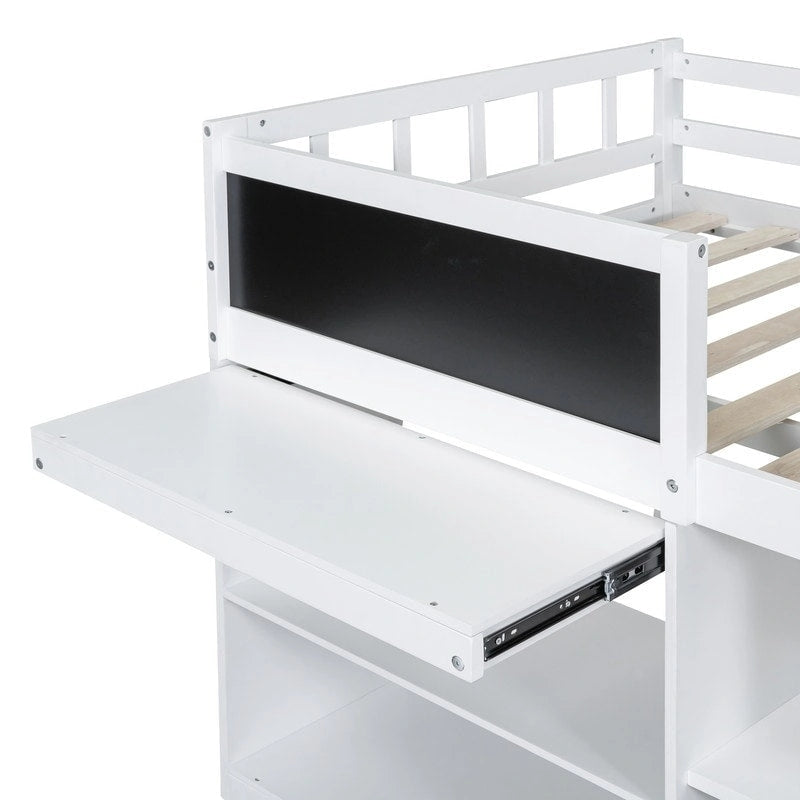 Cama baja tipo loft individual con escritorio rodante, gris/blanco/espresso, para 1 persona