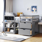 Cama baja tipo loft individual con escritorio rodante, gris/blanco/espresso, para 1 persona