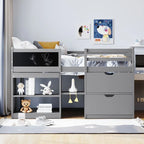Cama baja tipo loft individual con escritorio rodante, gris/blanco/espresso, para 1 persona