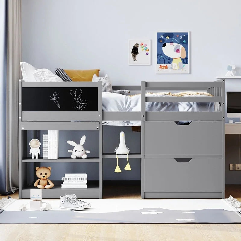 Cama baja tipo loft individual con escritorio rodante, gris/blanco/espresso, para 1 persona