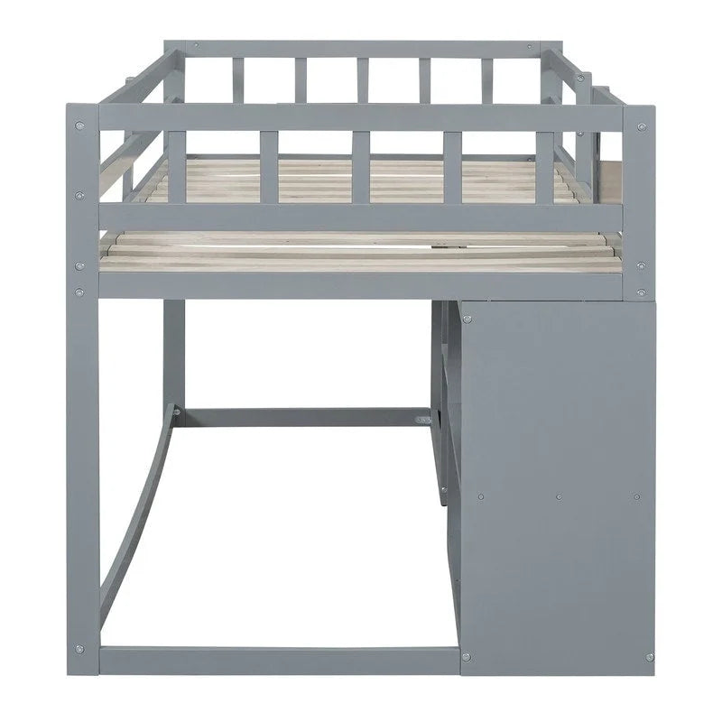 Cama baja tipo loft individual con escritorio rodante, gris/blanco/espresso, para 1 persona