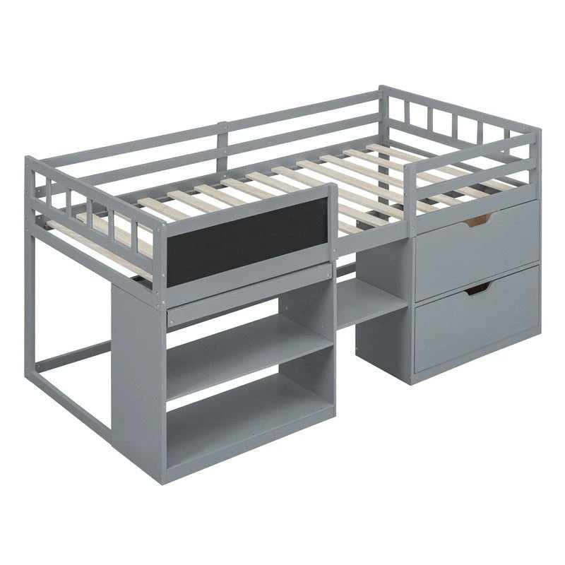 Cama baja tipo loft individual con escritorio rodante, gris/blanco/espresso, para 1 persona
