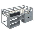 Cama baja tipo loft individual con escritorio rodante, gris/blanco/espresso, para 1 persona