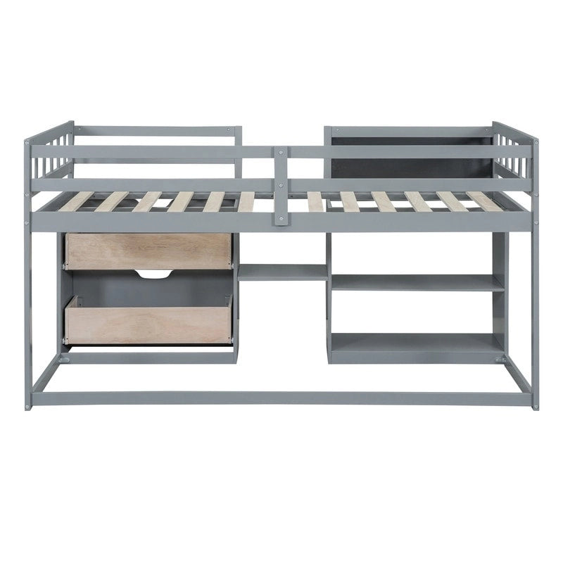 Cama baja tipo loft individual con escritorio rodante, gris/blanco/espresso, para 1 persona