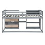 Cama baja tipo loft individual con escritorio rodante, gris/blanco/espresso, para 1 persona