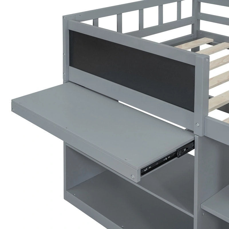 Cama baja tipo loft individual con escritorio rodante, gris/blanco/espresso, para 1 persona