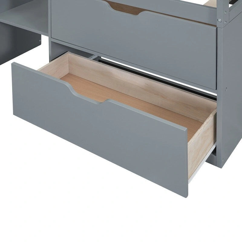 Cama baja tipo loft individual con escritorio rodante, gris/blanco/espresso, para 1 persona