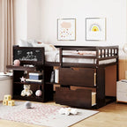 Cama baja tipo loft individual con escritorio rodante, gris/blanco/espresso, para 1 persona