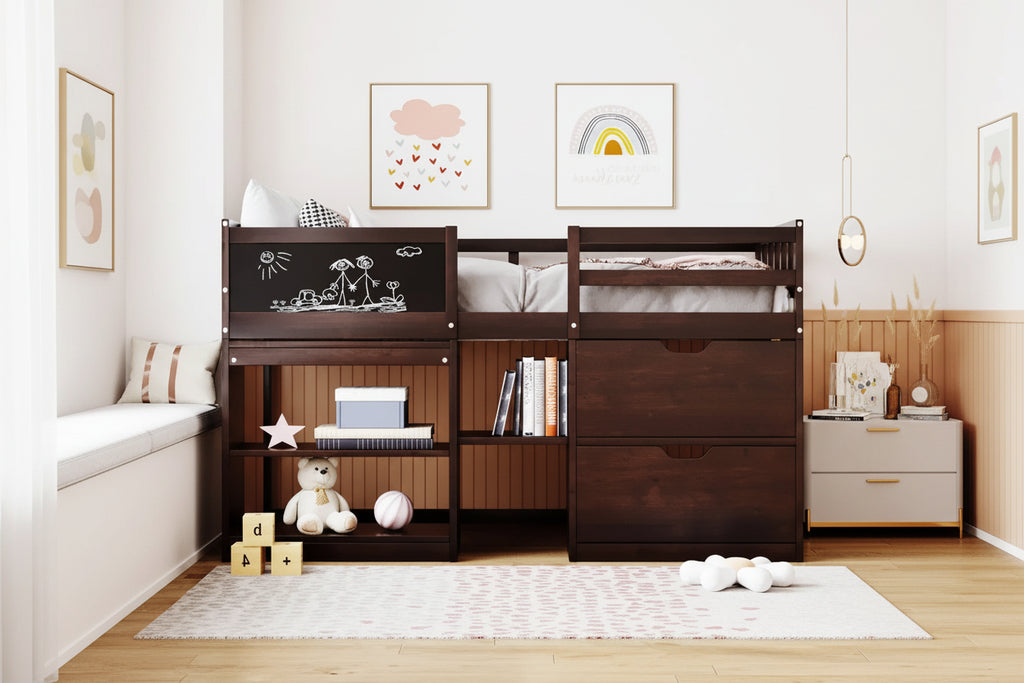 Cama baja tipo loft individual con escritorio rodante, gris/blanco/espresso, para 1 persona