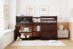 Cama baja tipo loft individual con escritorio rodante, gris/blanco/espresso, para 1 persona