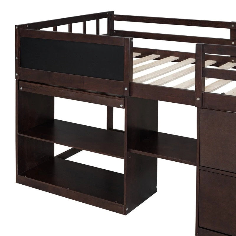 Cama baja tipo loft individual con escritorio rodante, gris/blanco/espresso, para 1 persona