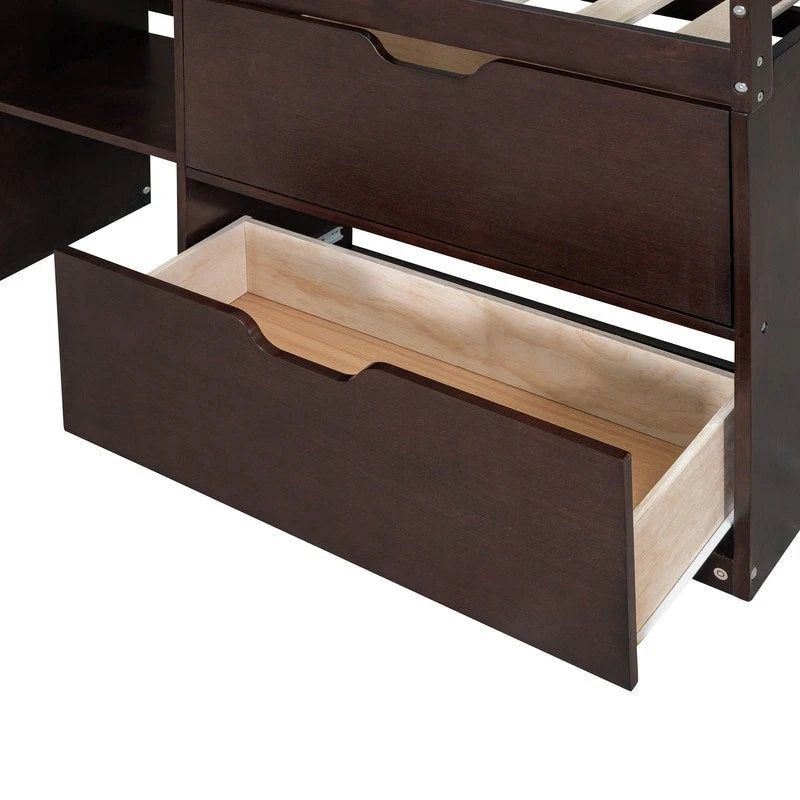 Cama baja tipo loft individual con escritorio rodante, gris/blanco/espresso, para 1 persona