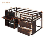 Cama baja tipo loft individual con escritorio rodante, gris/blanco/espresso, para 1 persona