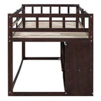 Cama baja tipo loft individual con escritorio rodante, gris/blanco/espresso, para 1 persona