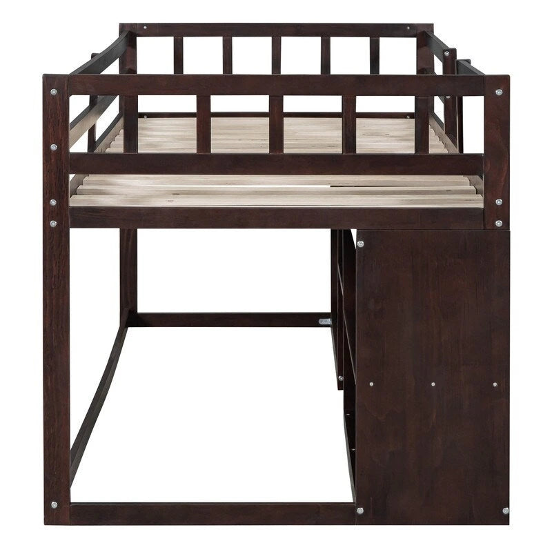 Cama baja tipo loft individual con escritorio rodante, gris/blanco/espresso, para 1 persona