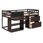 Cama baja tipo loft individual con escritorio rodante, gris/blanco/espresso, para 1 persona