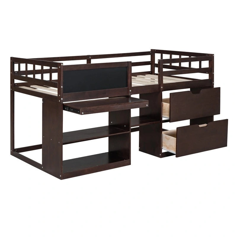 Cama baja tipo loft individual con escritorio rodante, gris/blanco/espresso, para 1 persona