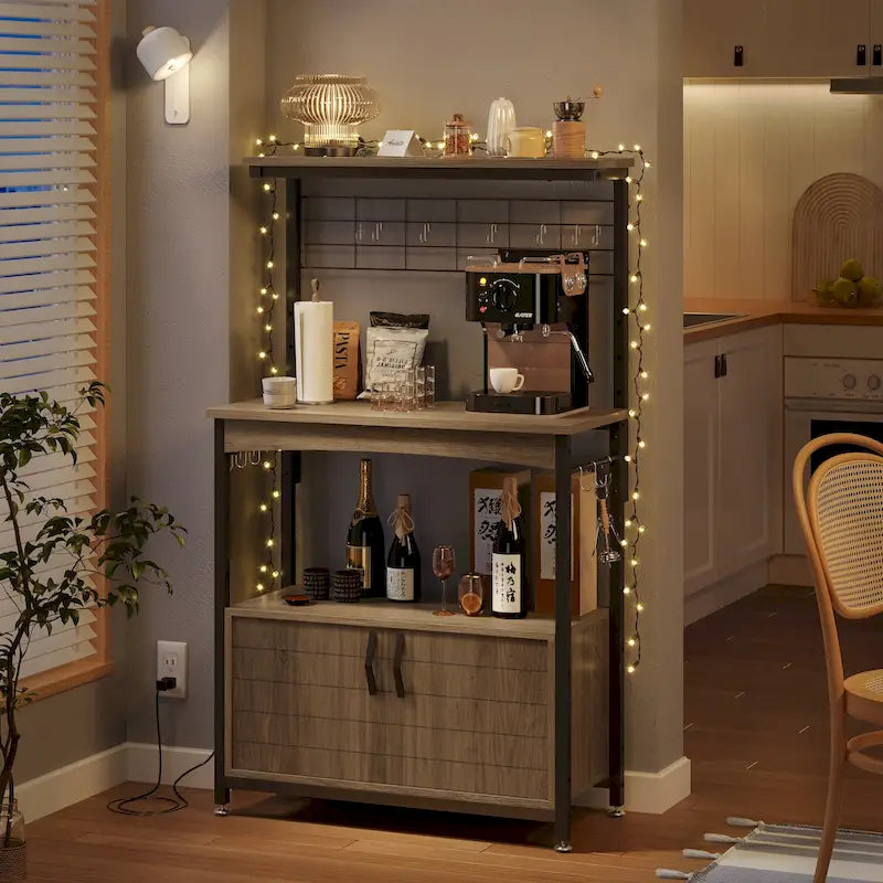 Estantería de panadero rústica marrón/gris con altura ajustable y gabinete de doble puerta - Montaje para 1 persona